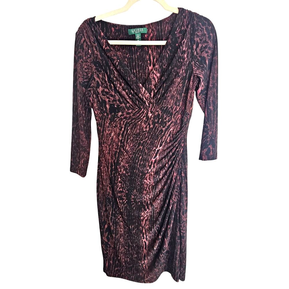 Lauren Ralph Lauren Womens Animal Print Ruched Sheath Dress Size 4 Corp Stretch